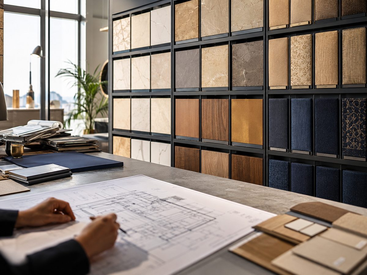 Design studio materials wall with stone, wood, and fabric samples reviewed alongside a project blueprint